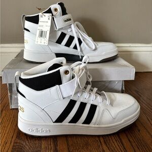 Adidas White and Black High-Tops with Gold Details